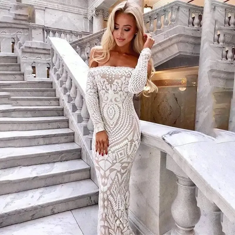 Mesh White Lace Sequin Maxi Dress