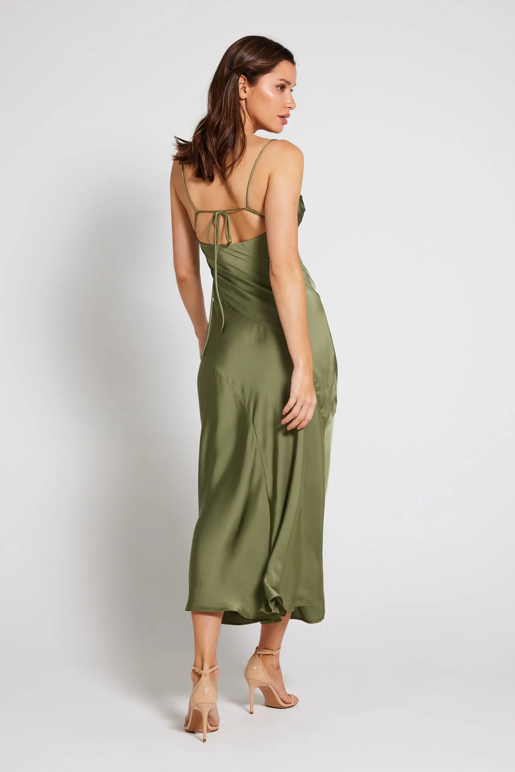 Mila Asymmetric Cowl Neck Satin Slip Dress - Olive