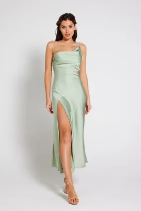 Mila Asymmetric Cowl Neck Satin Slip Dress - Sage Green