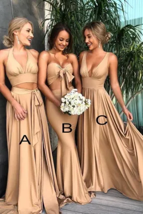 Mismatched Deep V-Neck Long Cheap Bridesmaid Dress