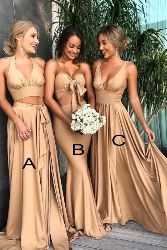 Mismatched Deep V-Neck Long Cheap Bridesmaid Dress