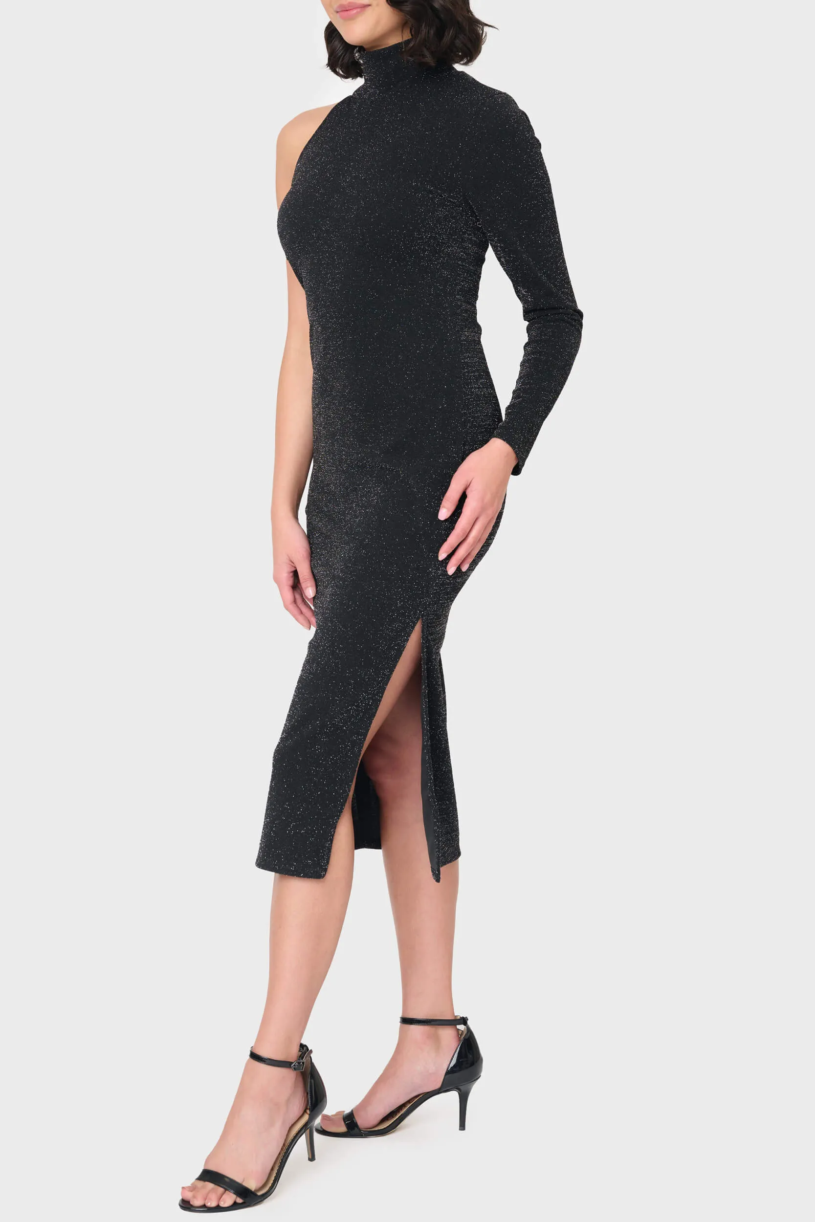 Mock Neck One Shoulder Shimmer Knit Dress