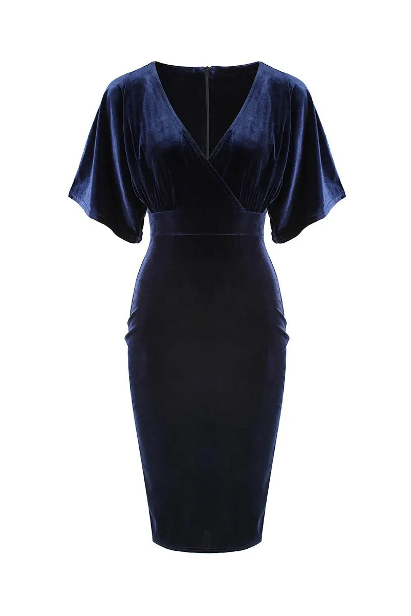 Navy Blue Velour Half Batwing Sleeve Crossover Top Wiggle Dress