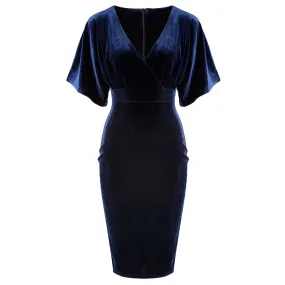 Navy Blue Velour Half Batwing Sleeve Crossover Top Wiggle Dress