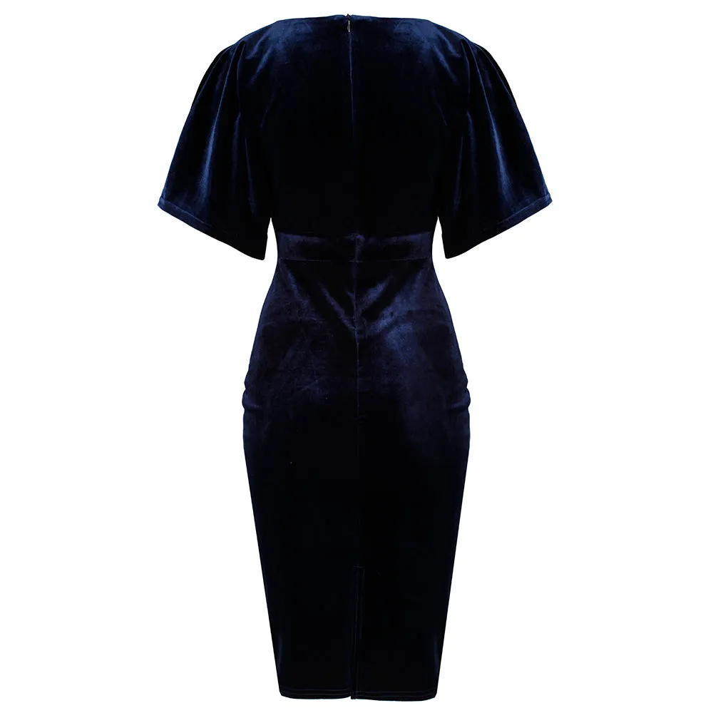 Navy Blue Velour Half Batwing Sleeve Crossover Top Wiggle Dress