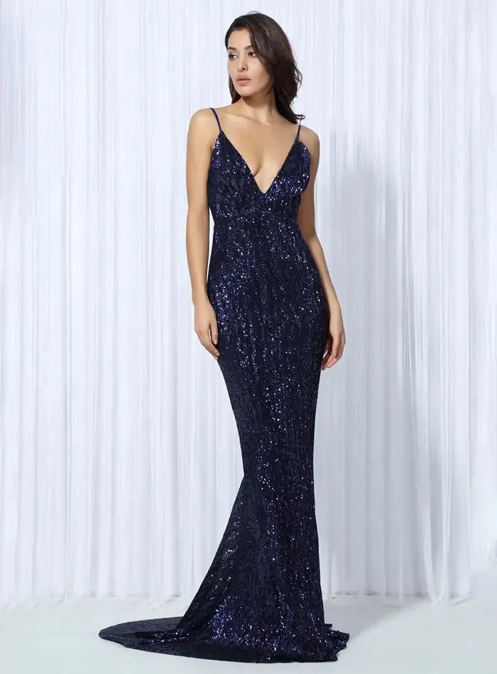 Navy Sequin V Collar Exposed Back Long Dress