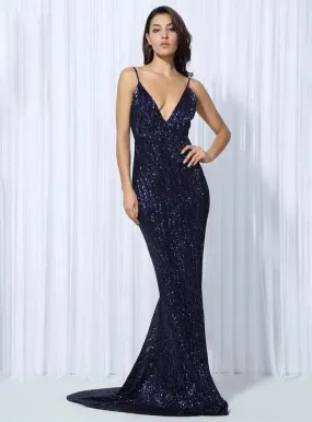 Navy Sequin V Collar Exposed Back Long Dress