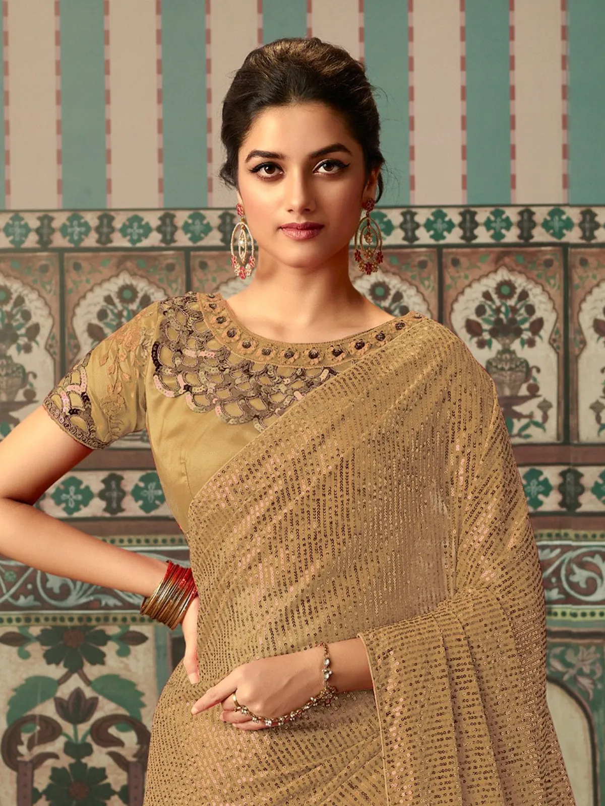 Odette Beige Georgette Embellished Saree with Unstitched Blouse For Women