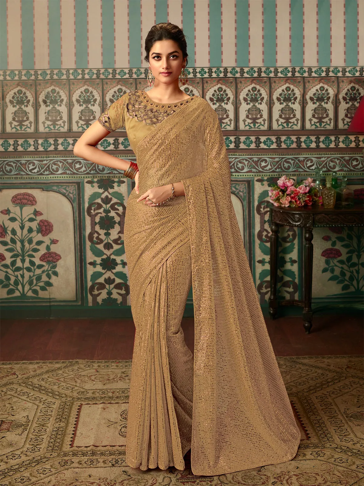 Odette Beige Georgette Embellished Saree with Unstitched Blouse For Women