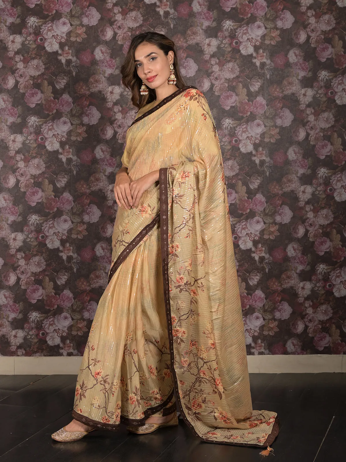 Odette Beige Sequins Embroidered Crepe Saree with Unstitched Blouse for Women