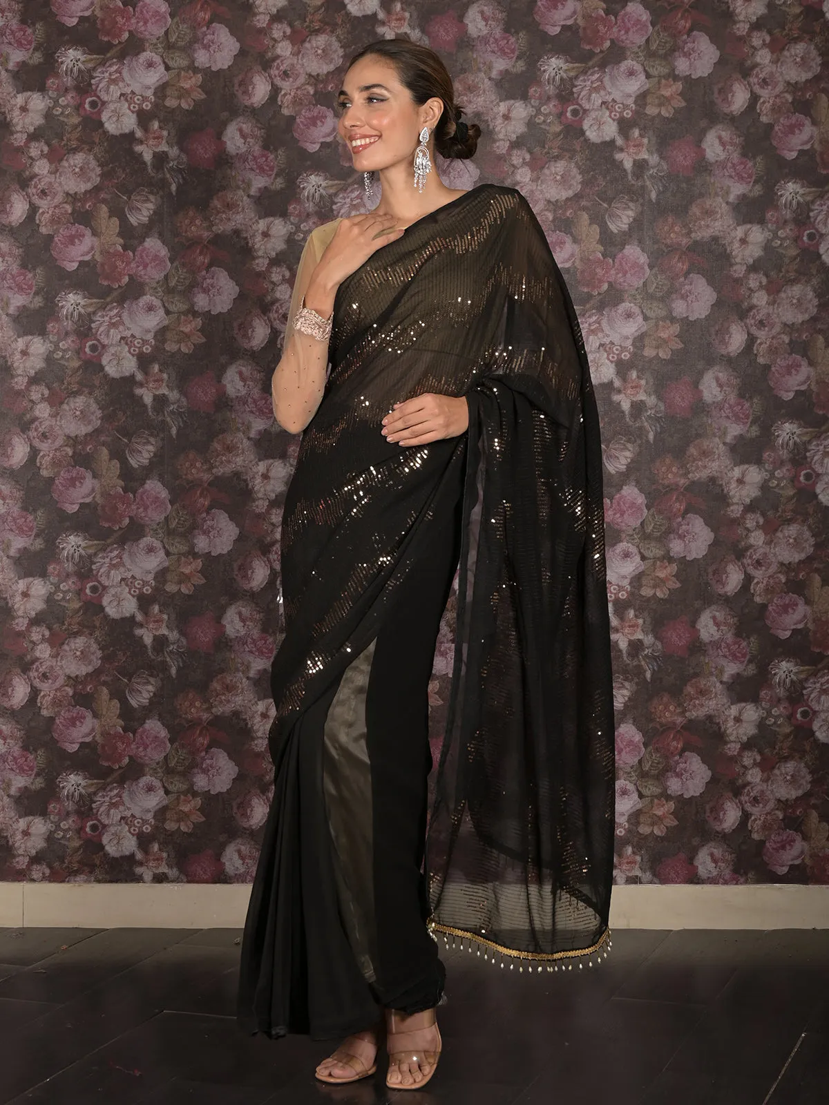 Odette Black and Gold Sequins Embroidered Georgette Saree with Unstitched Blouse for Women