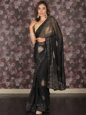 Odette Black Foil Printed Chiffon Saree with Unstitched Blouse for Women