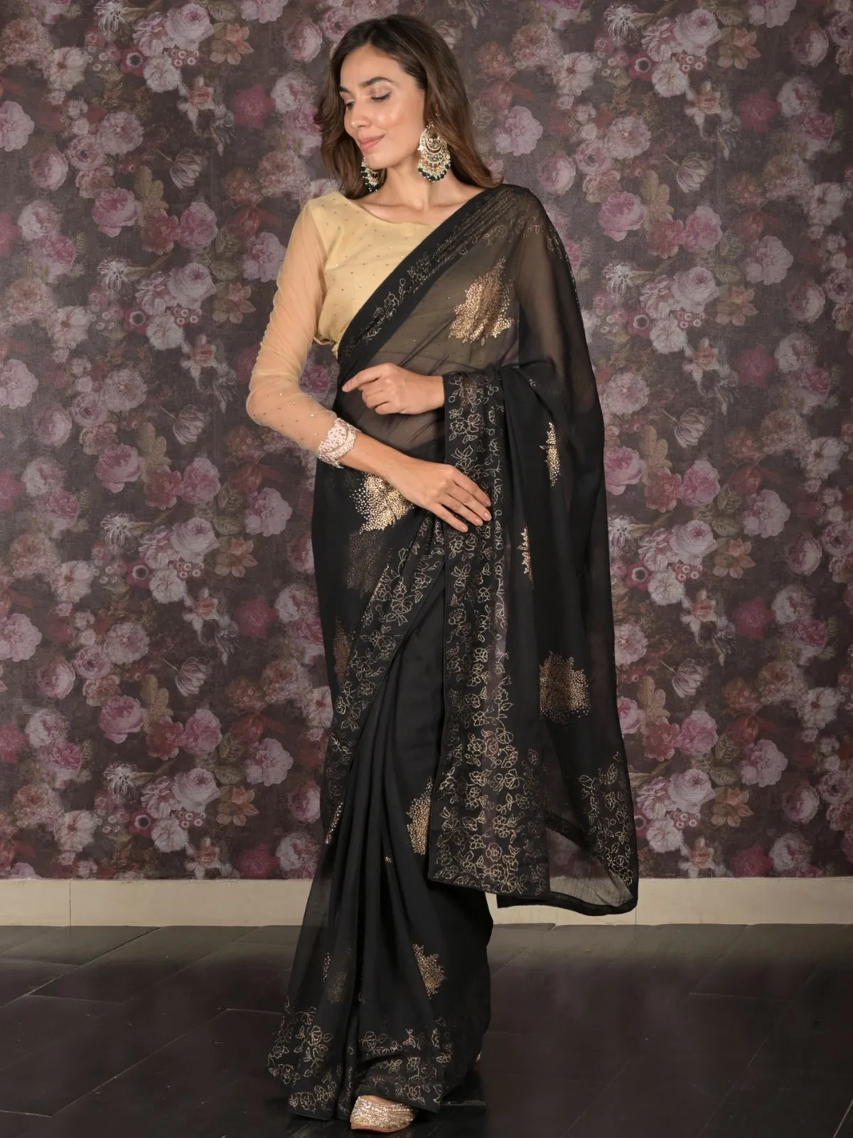 Odette Black Foil Printed Chiffon Saree with Unstitched Blouse for Women