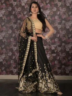 Odette Black Gold Thread Embroidered Semi-Stitched Polyester Lehenga with Unstitched Blouse for Women