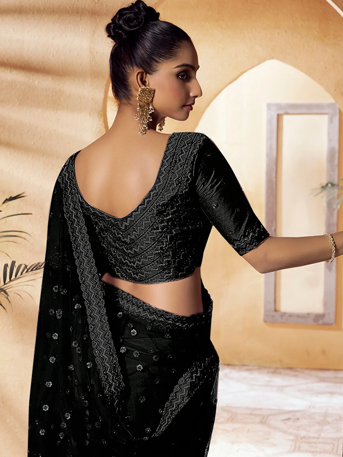 Odette Black Net Embellished Saree with Unstitched Blouse For Women