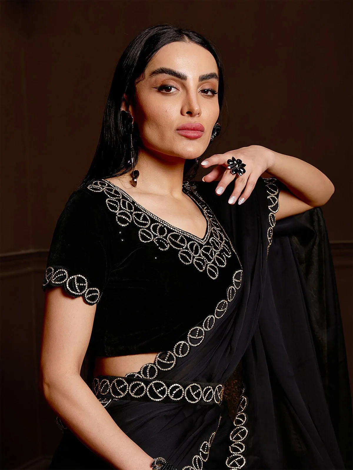 Odette Black Satin Chiffon Embellished Saree With Unstitched Blouse For Women