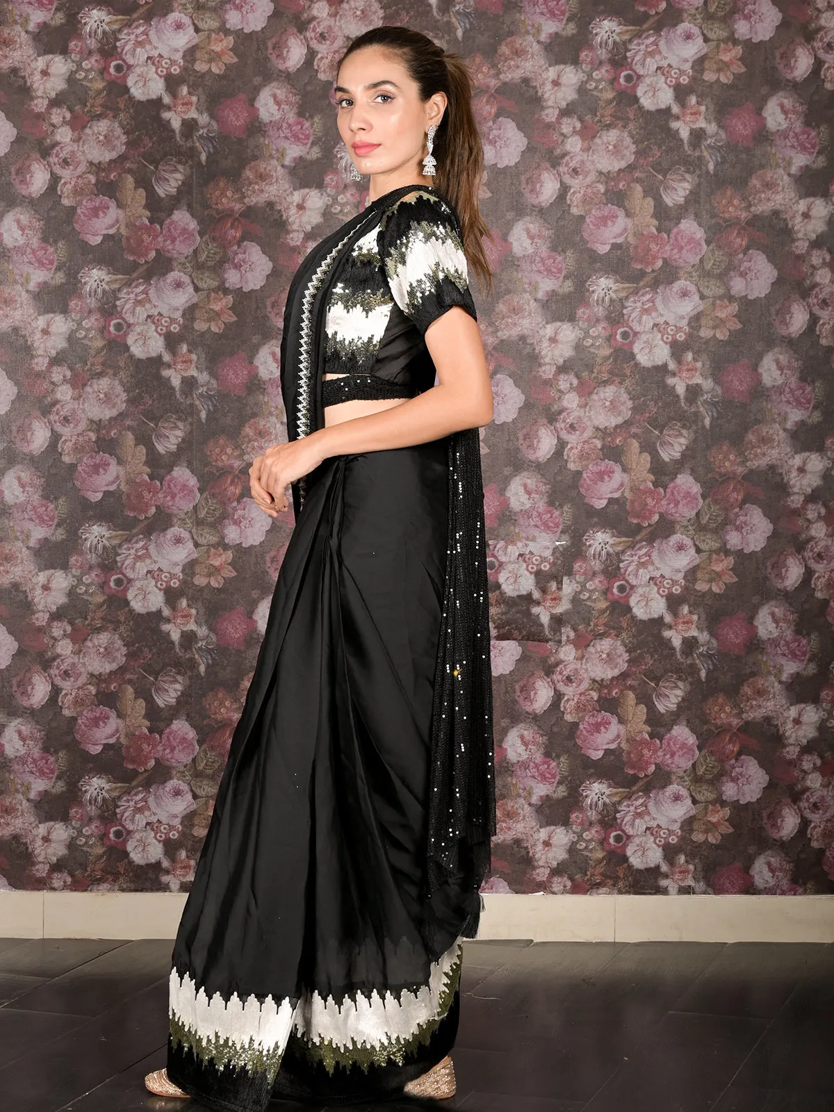 Odette Black Sequins Embroidered Crepe Ready-to-Wear Saree with Stitched Blouse for Women