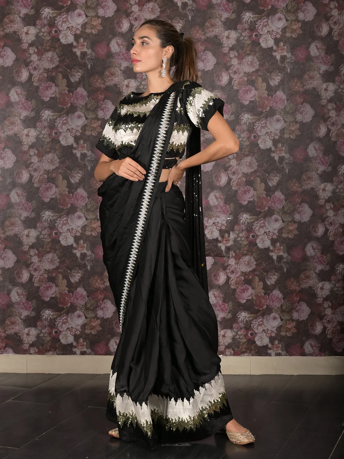 Odette Black Sequins Embroidered Crepe Ready-to-Wear Saree with Stitched Blouse for Women