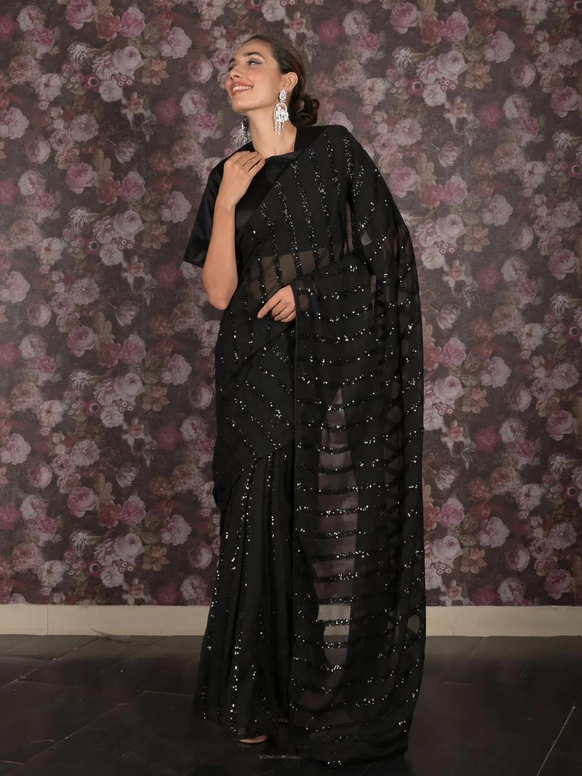 Odette Black Sequins Embroidered Georgette Saree for Women