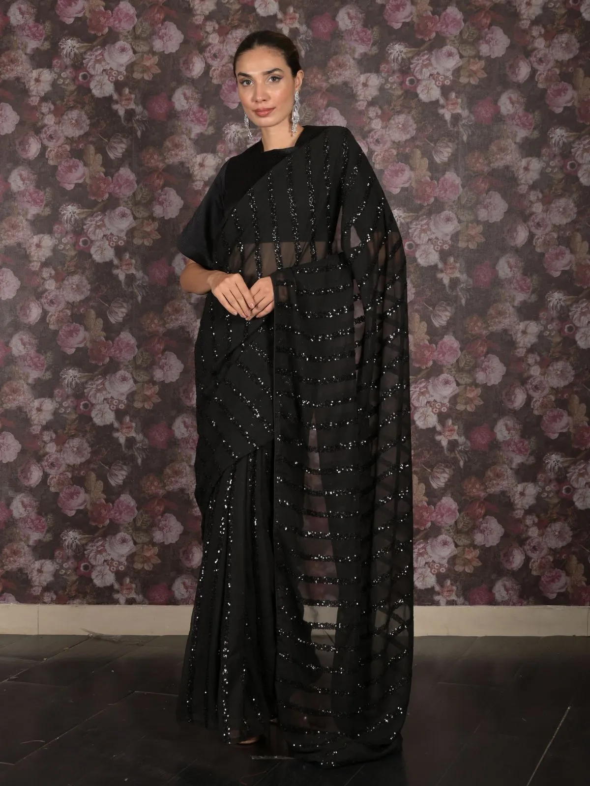 Odette Black Sequins Embroidered Georgette Saree for Women