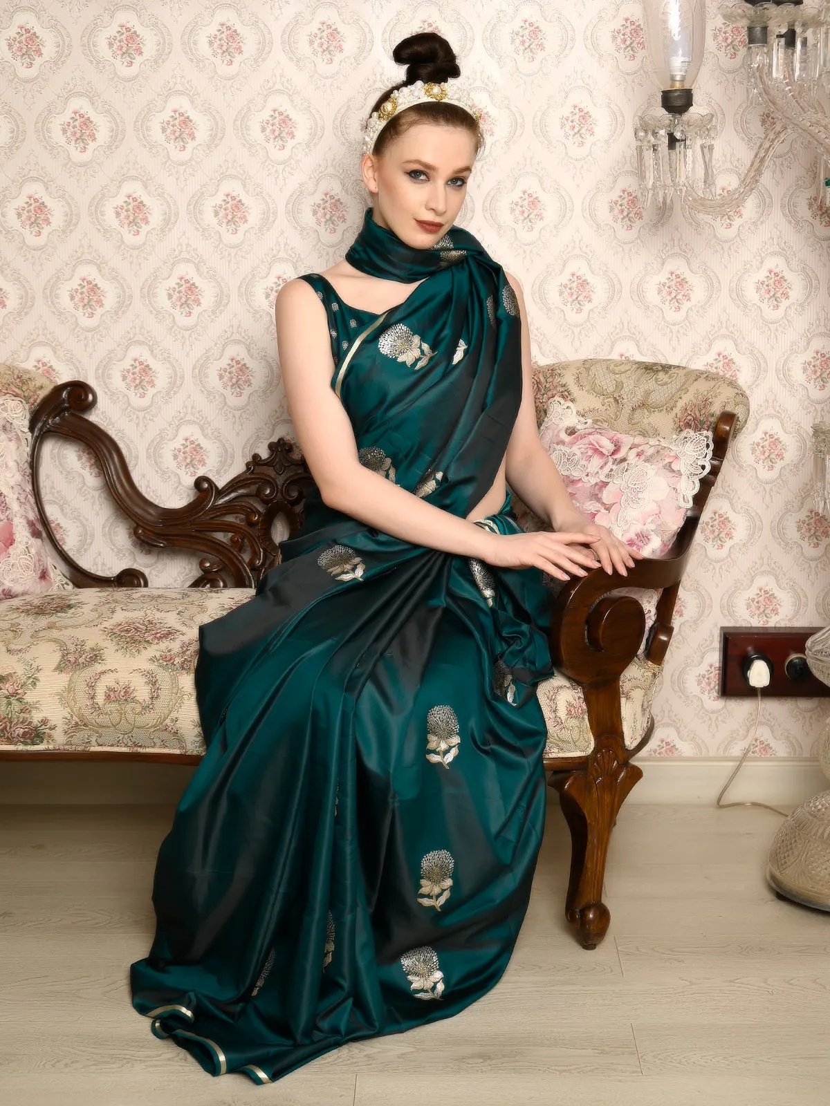 Odette Women Festive Green Satin Printed Saree With Unstitched Blouse