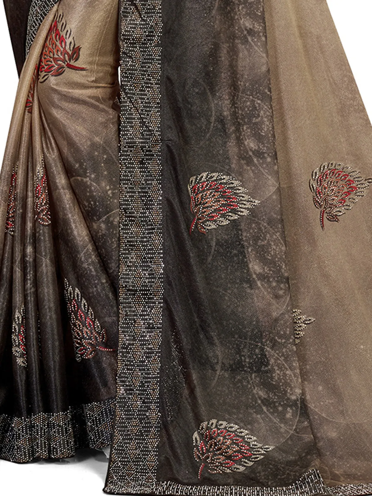 Odette Women Grey Lycra Digital Print & Siroski Work Saree With Unstitched Blouse