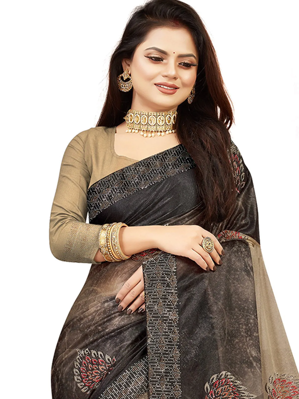 Odette Women Grey Lycra Digital Print & Siroski Work Saree With Unstitched Blouse