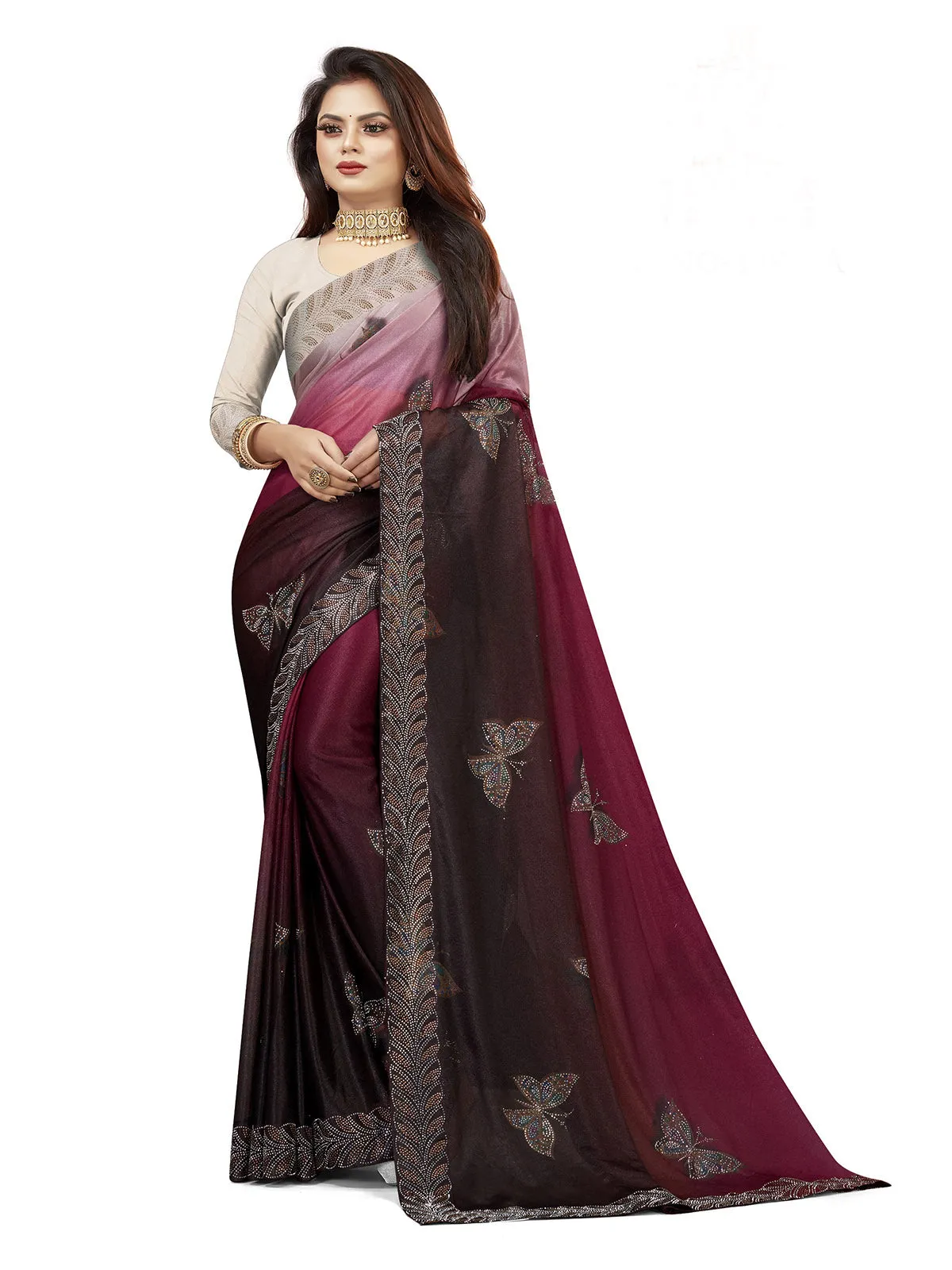 Odette Women Magenta Lycra Digital Print & Siroski Work Saree With Unstitched Blouse