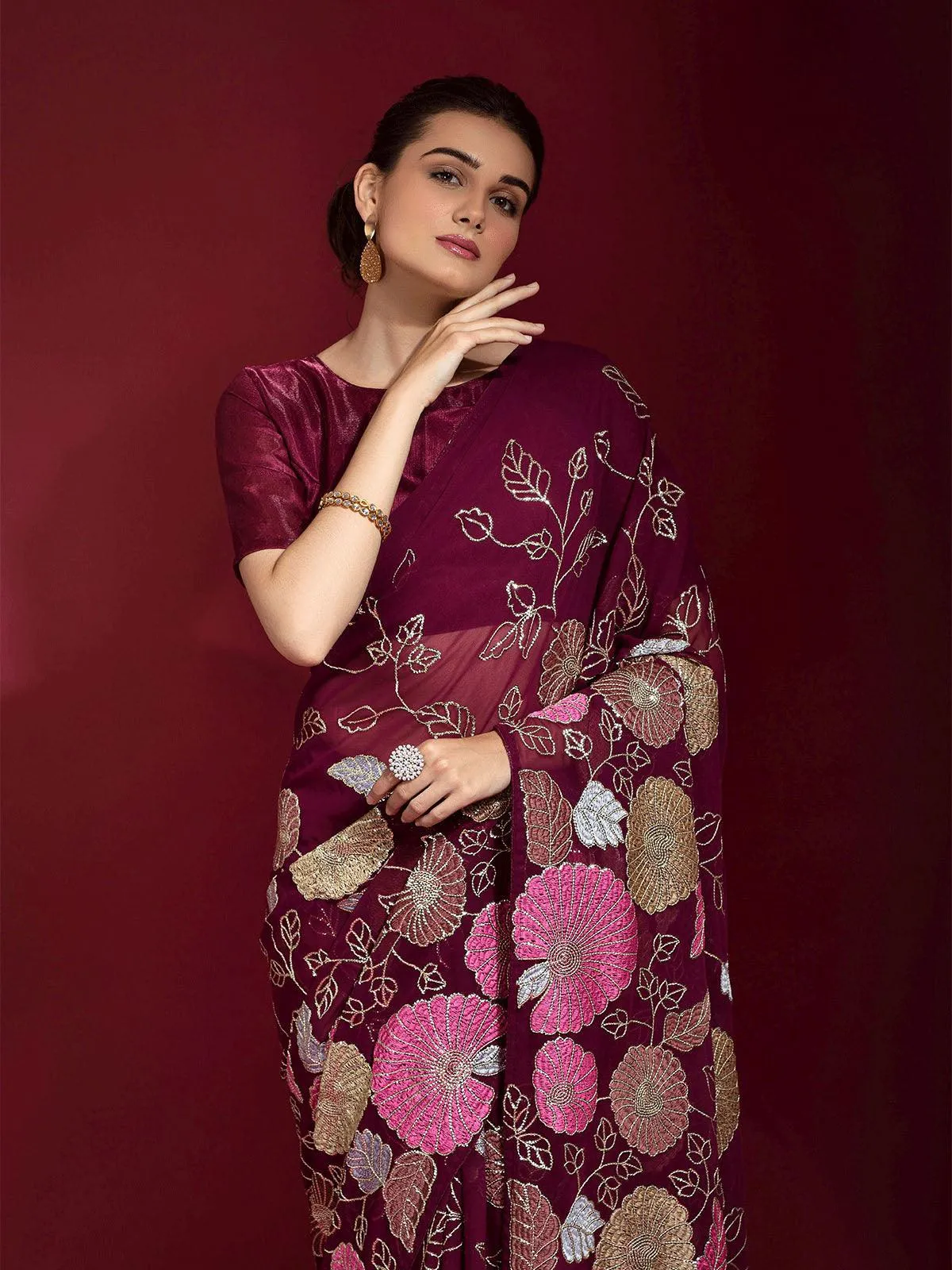 Odette Women Maroon Embroidered Georgette Saree With Unstitched Blouse