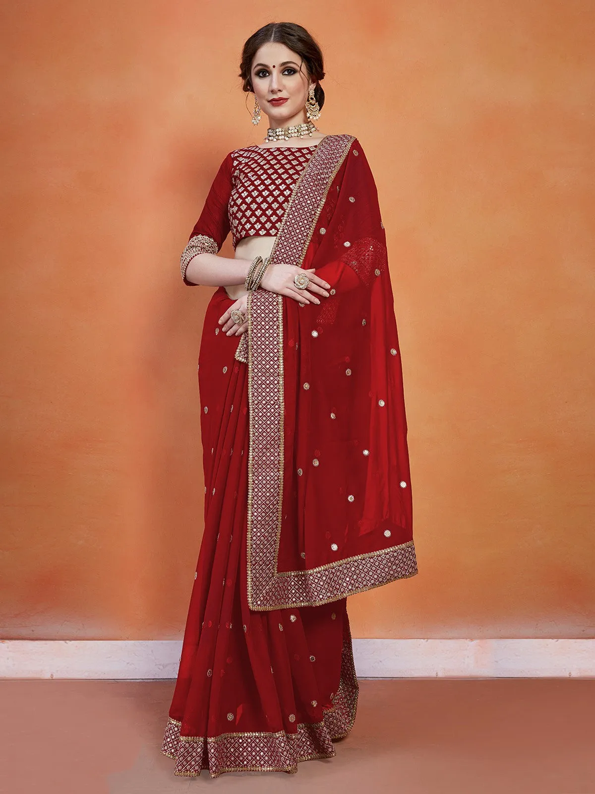 Odette Women Maroon Georgette Saree With Unstitched Blouse