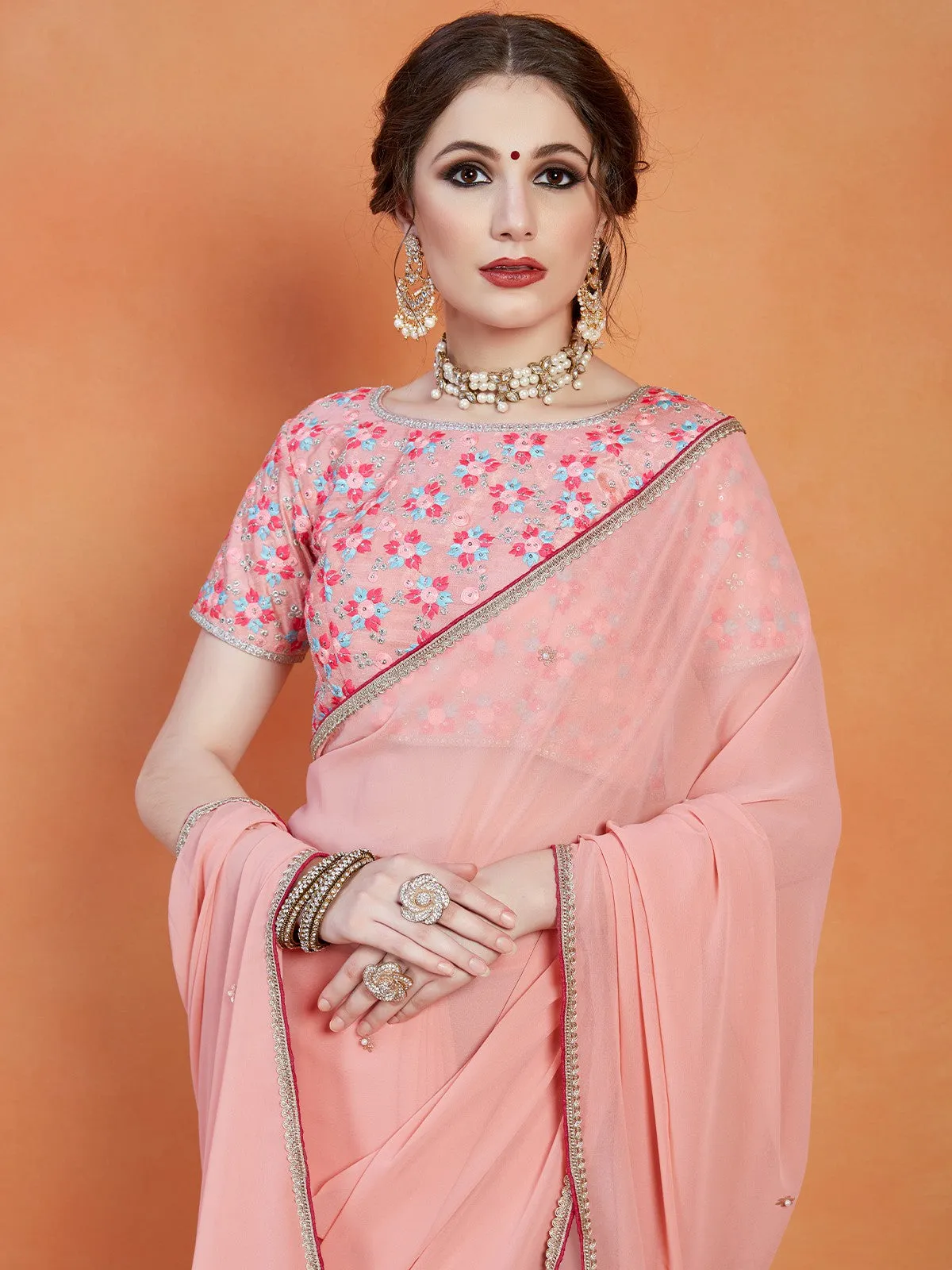 Odette Women Peach Georgette Saree With Unstitched Blouse