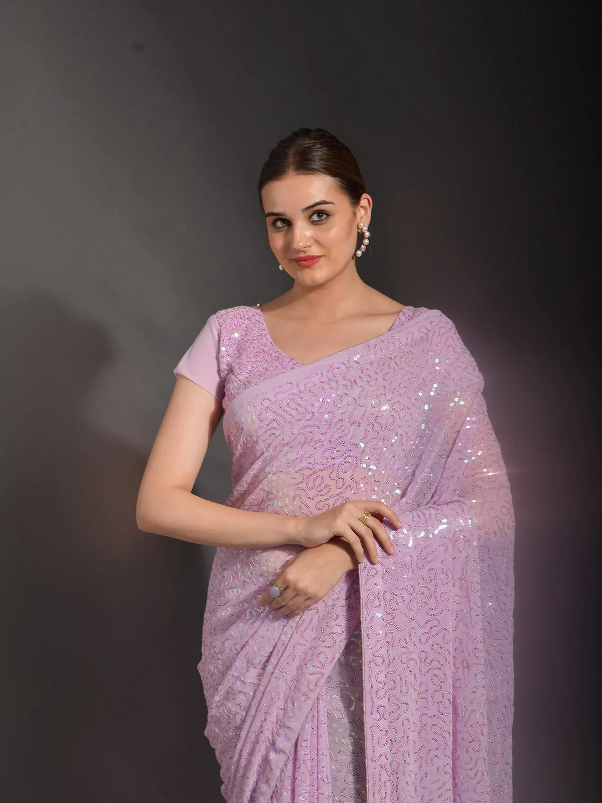 Odette Women Pink Georgette Designer Saree With Unstitched Blouse