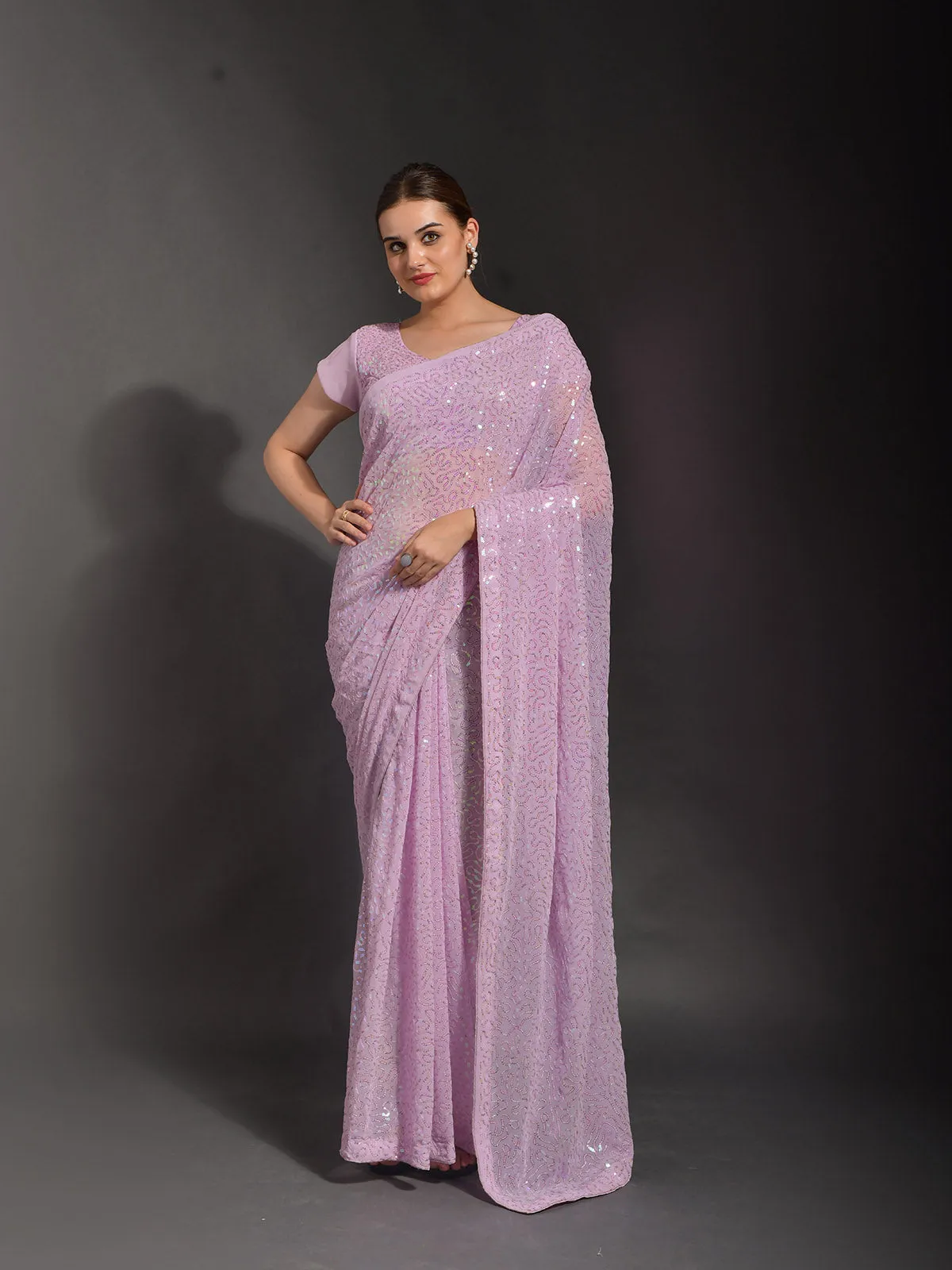 Odette Women Pink Georgette Designer Saree With Unstitched Blouse