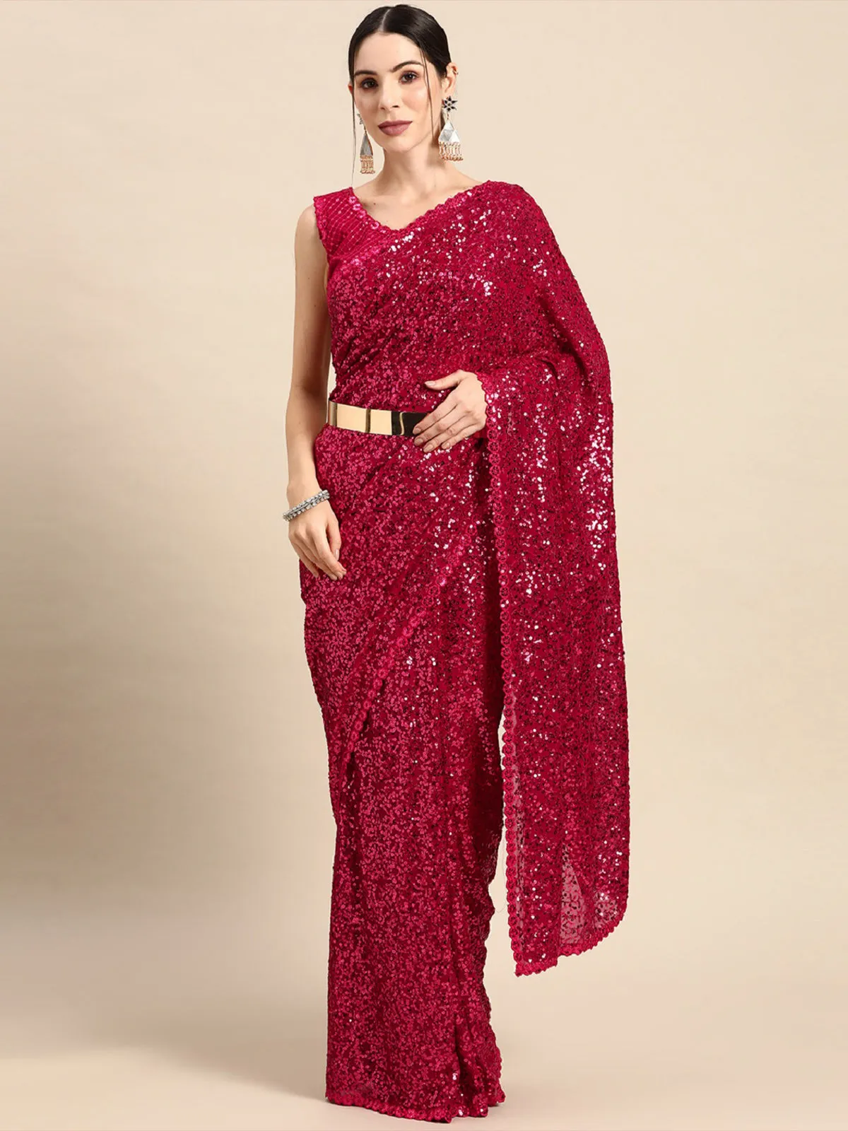 Odette Women Pink Georgette Designer Sequins Saree With Unstitched Blouse