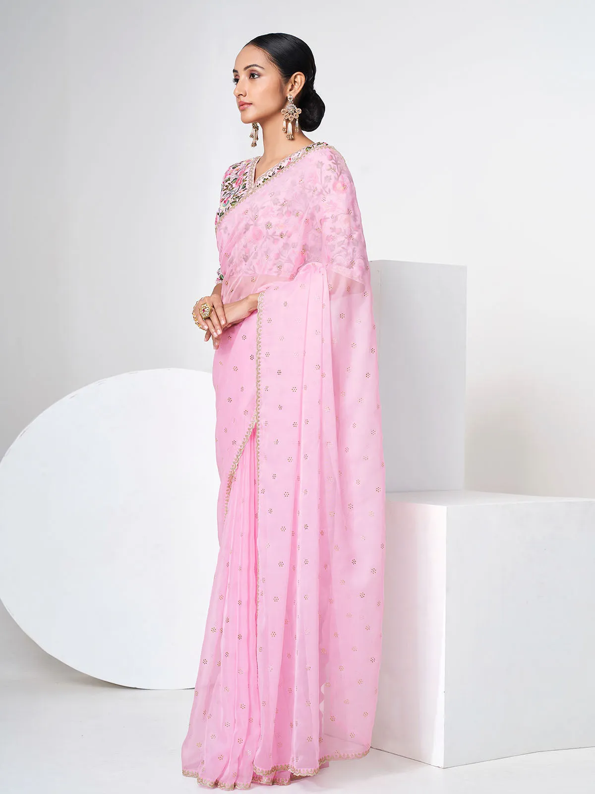 Odette Women Pink Organza Saree With Unstitched Blouse