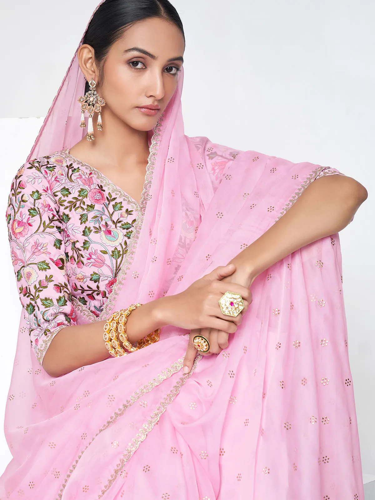 Odette Women Pink Organza Saree With Unstitched Blouse