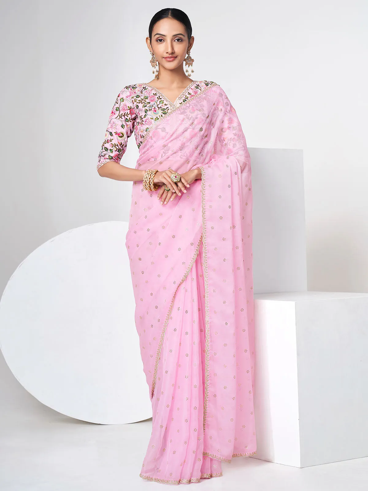 Odette Women Pink Organza Saree With Unstitched Blouse