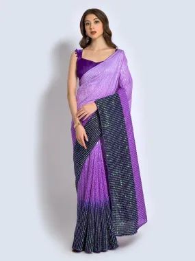 Odette Women Purple Silk Blend Designer Embroidery Saree With Unstitched Blouse