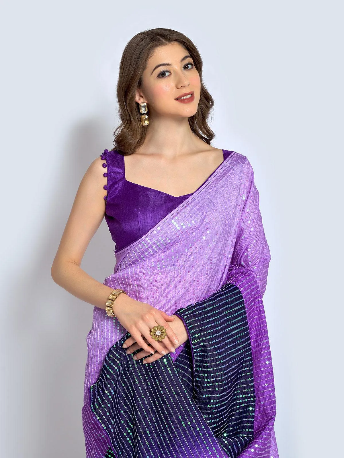 Odette Women Purple Silk Blend Designer Embroidery Saree With Unstitched Blouse