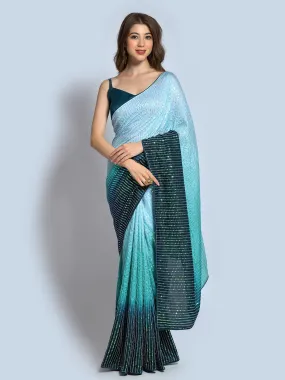 Odette Women Teal Silk Blend Designer Embroidery Saree With Unstitched Blouse