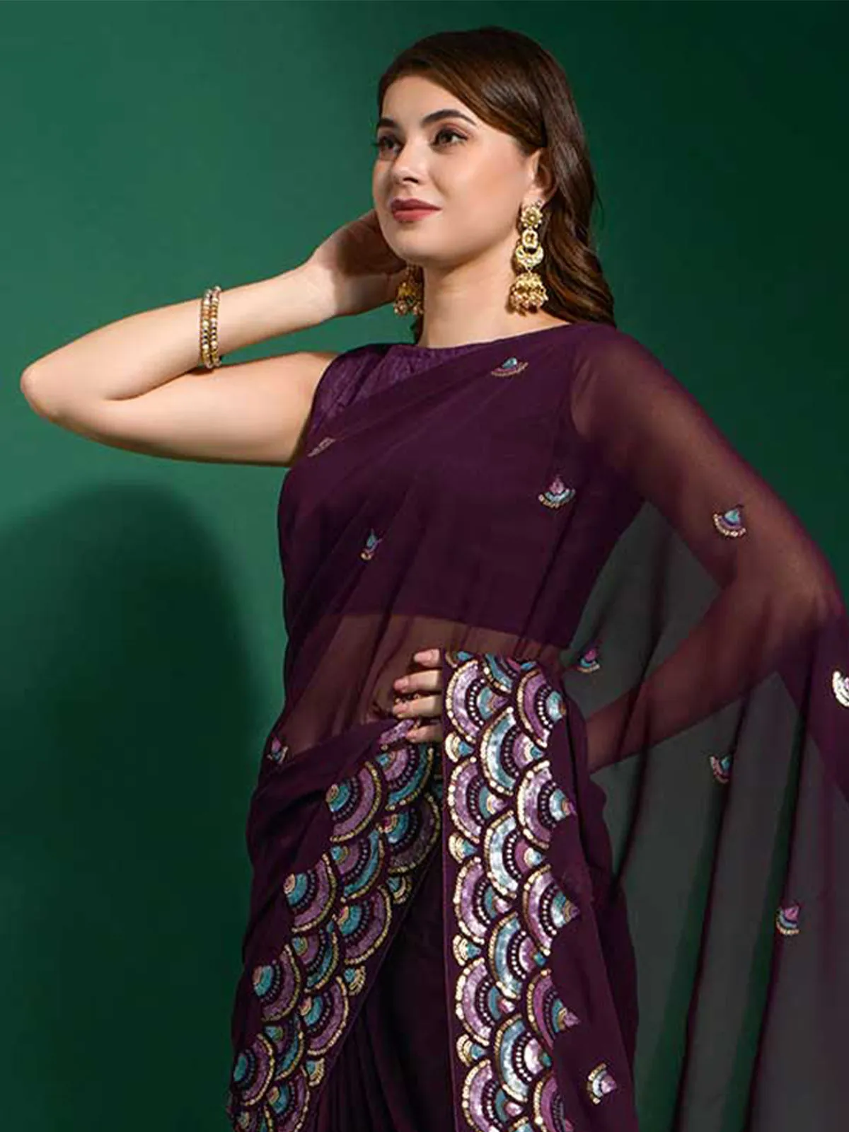 Odette Women Violet Georgette Saree With Blouse Piece