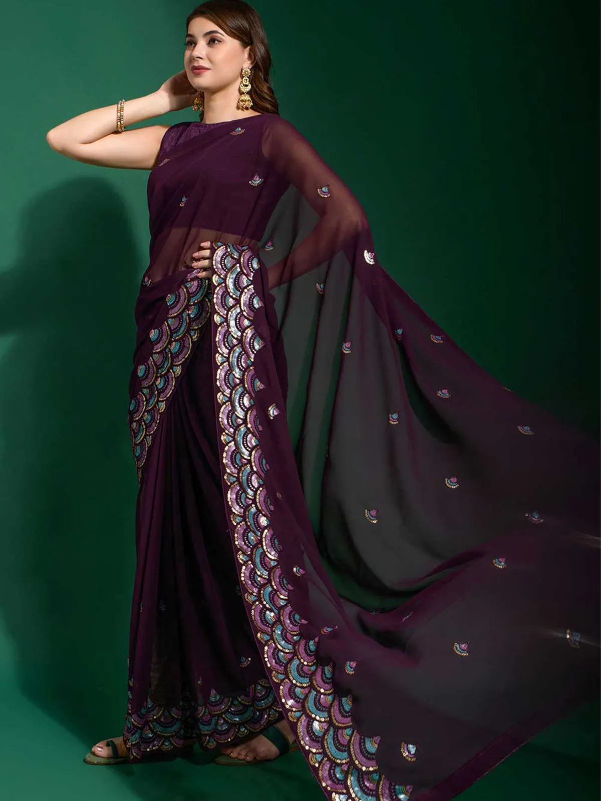 Odette Women Violet Georgette Saree With Blouse Piece