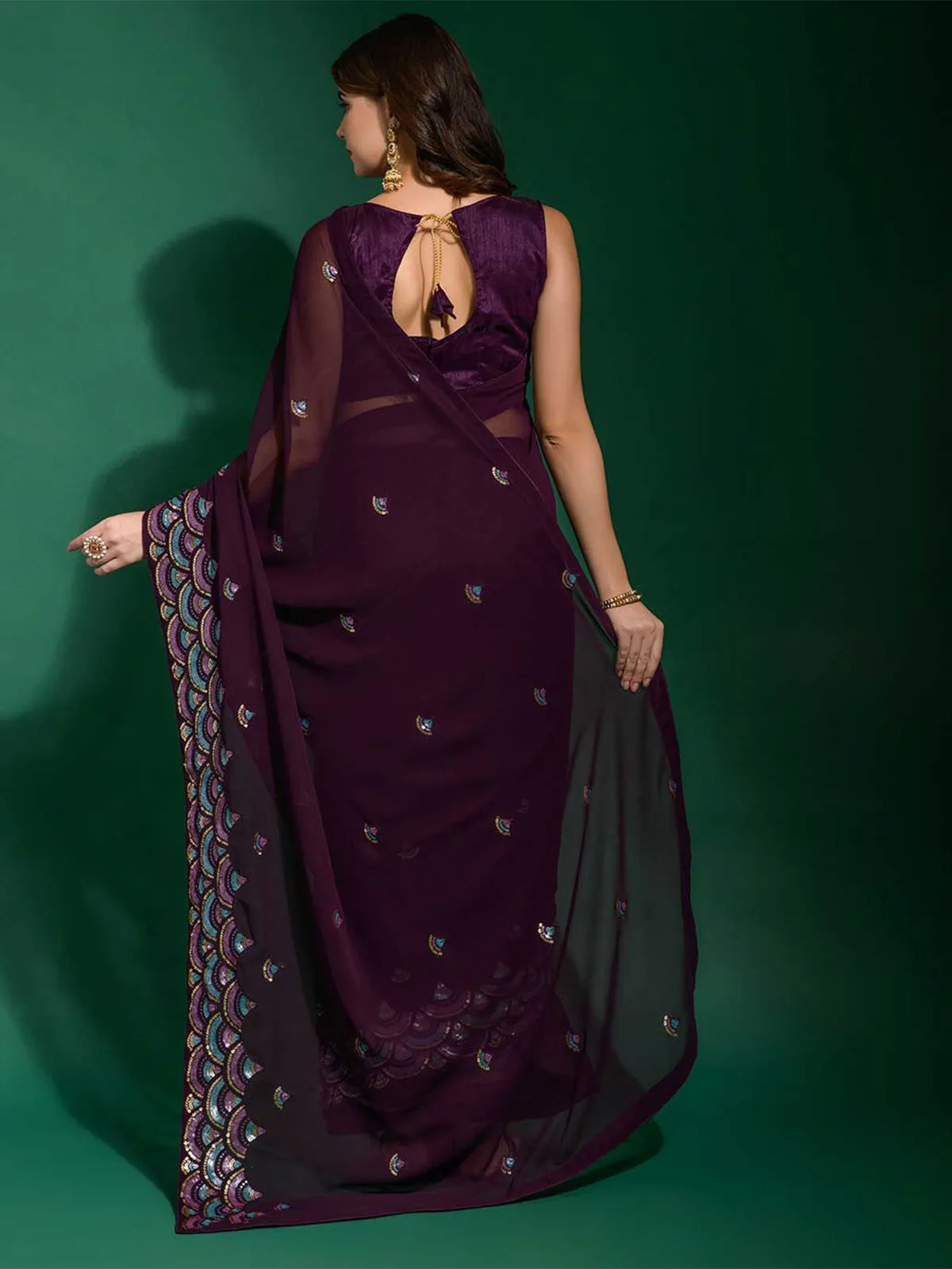 Odette Women Violet Georgette Saree With Blouse Piece