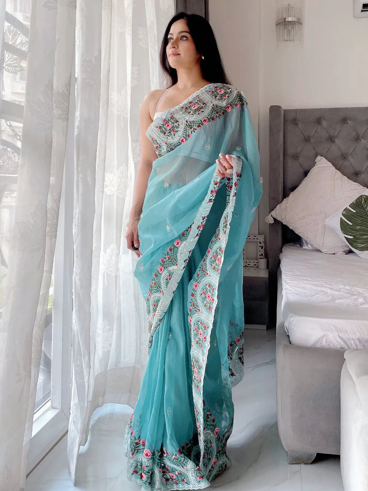 Odette Women's Blue Organza  Saree with unstitched Blouse