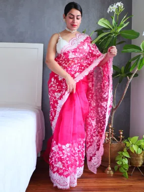 Odette Women's Pink Organza  Saree with unstitched Blouse