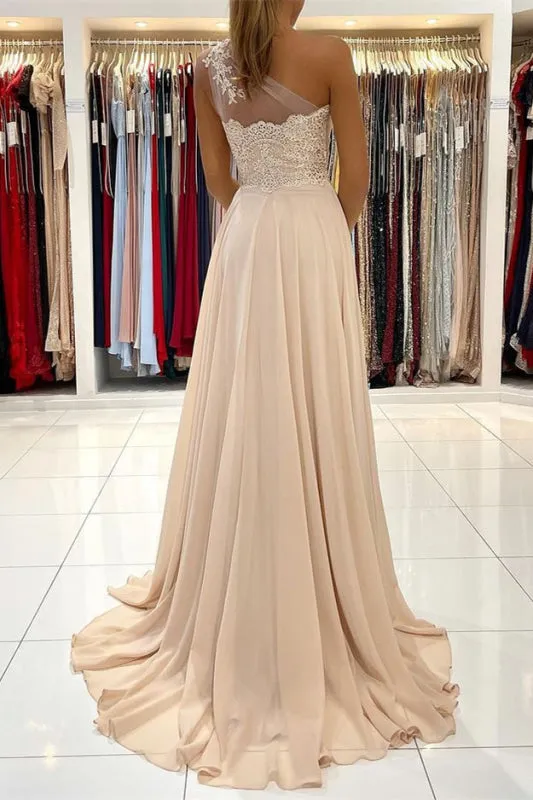 One-Shoulder Lace Appliques Prom Dress With Slit