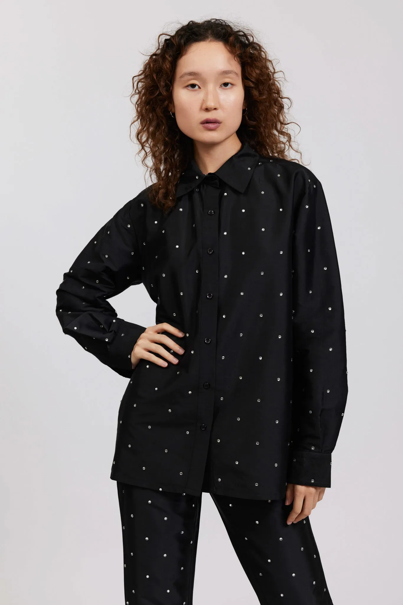 Oversized Button Up in Black Rhinestone