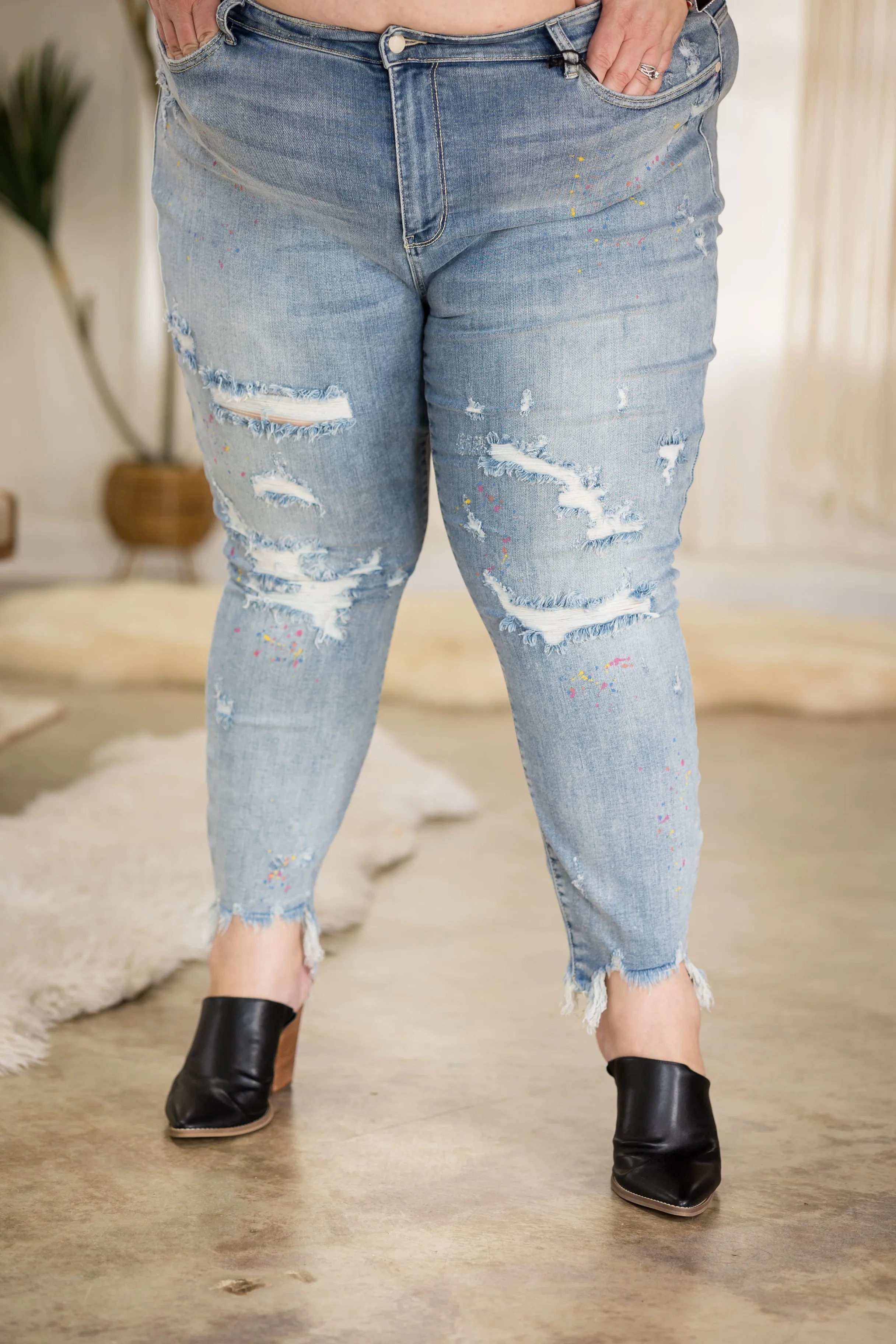 #P538 Party Paint Splatter Judy Blue Boyfriend Jeans