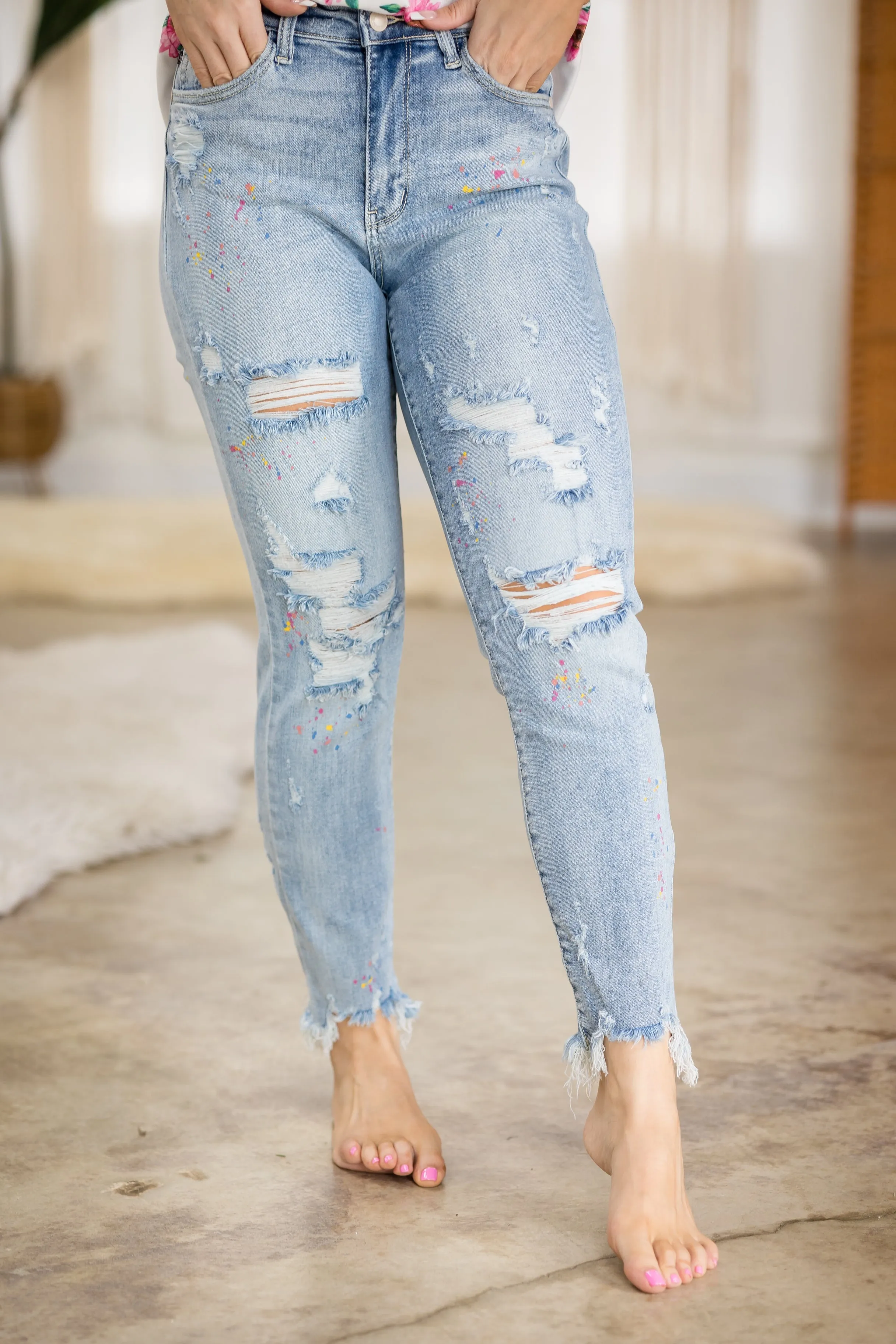 #P538 Party Paint Splatter Judy Blue Boyfriend Jeans