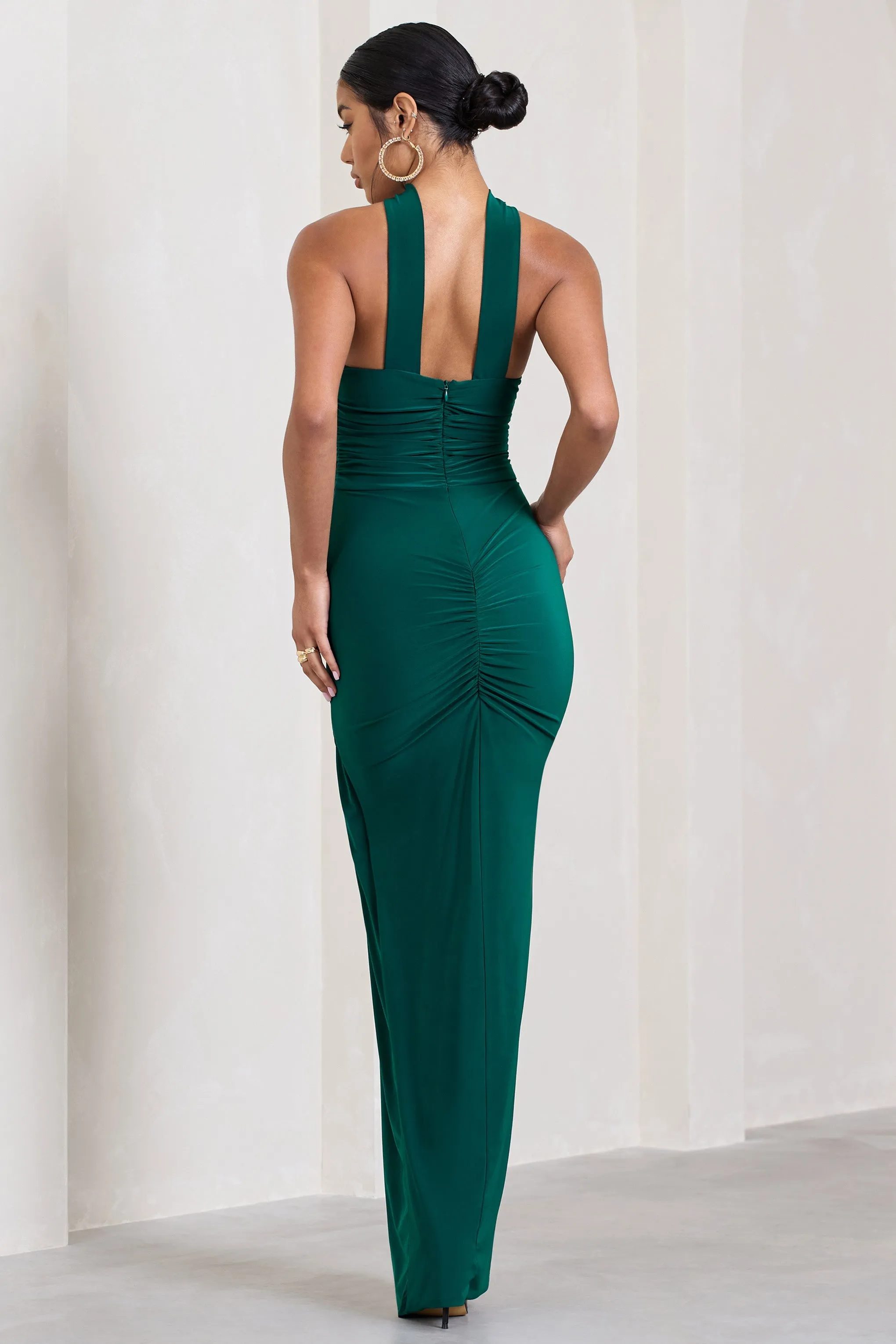 Paprika | Bottle Green Ruched Halter-Neck Bandeau Maxi Dress